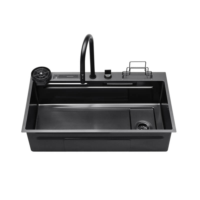 What structural features are used in the noise reduction design of a metal stainless steel sink to reduce the impact noise of water flow?
